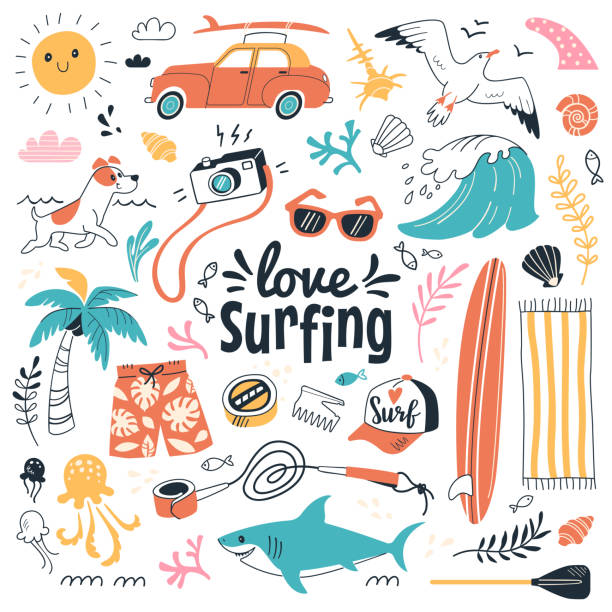 ilustraciones, imágenes clip art, dibujos animados e iconos de stock de love colección de surf. - surfing beach surf wave