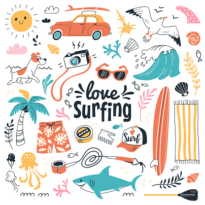 Vector illustration in cartoon doodle style of summer icons, including animals, plants and surfing equipment: surfboard, fins, leash and clothes elements. Isolated on white.
