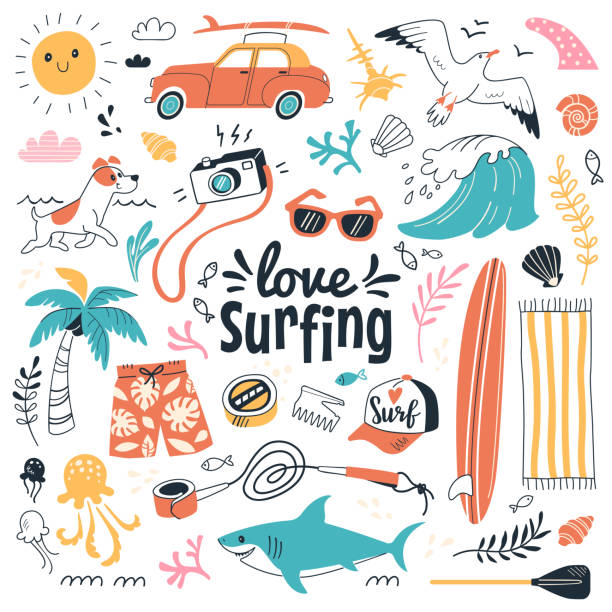 Love surfing collection. Vector illustration in cartoon doodle style of summer icons, including animals, plants and surfing equipment: surfboard, fins, leash and clothes elements. Isolated on white. beach drawings stock illustrations