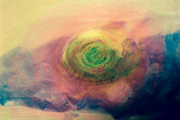 sahara eye. richat structure in western mauritania. colorful collage. elements of this image furnished by nasa. - sahara desert imagens e fotografias de stock