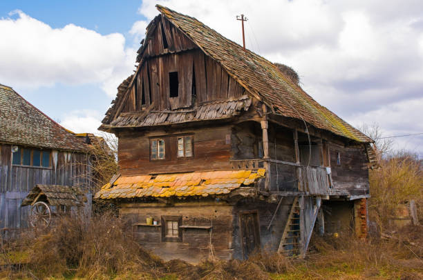 An abandoned traditional wooden house in the small village of Suvoj in Sisak-Moslavina County, central Croatia
