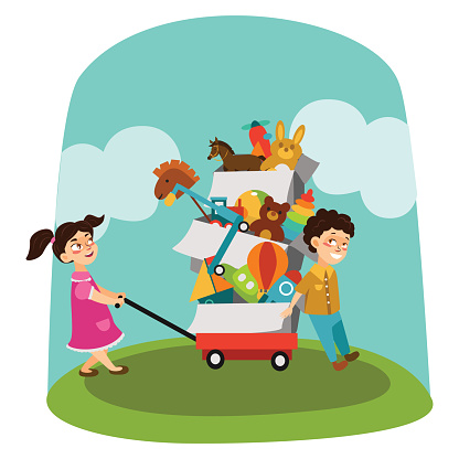 Garage Sale, Boy and girl bought toys at spring sale, children carry cart with boxes used toy, kids sell old used toys, second hand plaything vector illustration.