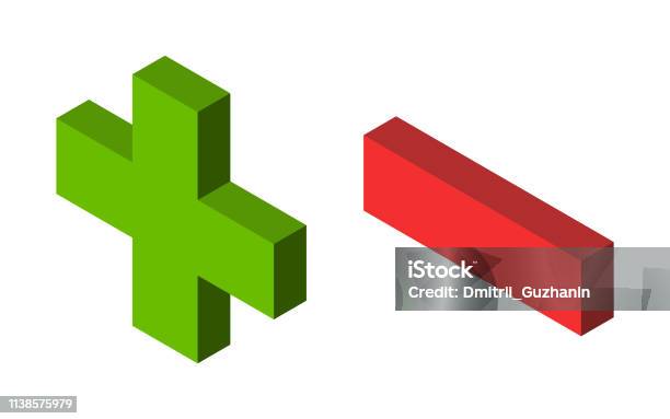 Grünes Plus Rotes Minus Stock Vektor Art und mehr Bilder von Plus-Zeichen - Plus-Zeichen, Dreidimensional, Isometrische Darstellung