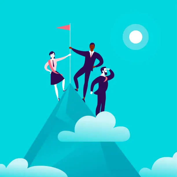 Vector illustration of Flat illustration with business people standing on mountain peak top holding flag on blue clouded sky background.