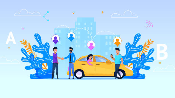 illustrations, cliparts, dessins animés et icônes de illustration de service de partage de voiture. taxi jaune. - car pooling