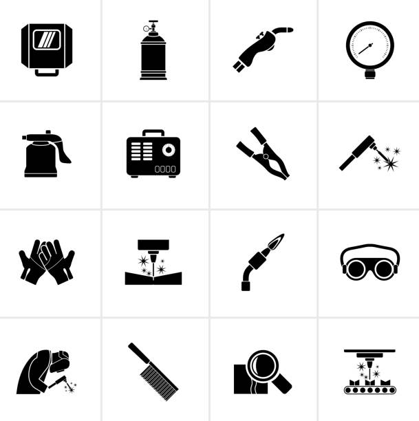 ikony czarnych narzędzi spawalniczych i budowlanych - flash menu stock illustrations