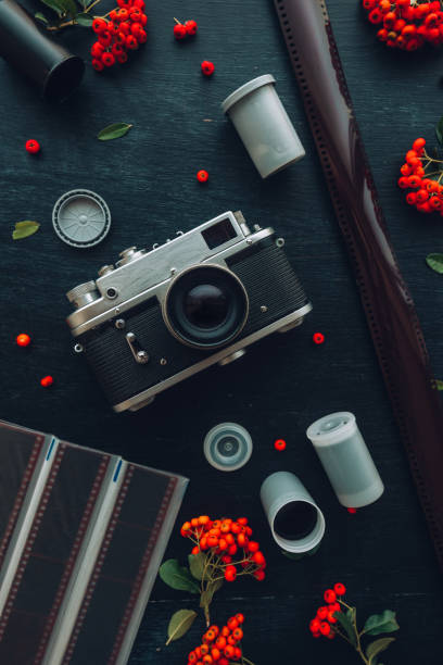 istock Flat lay hipster style old vintage photography camera 1138581381