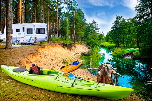 Summer vacation with a camper by the river Wda, Kashubia, Poland