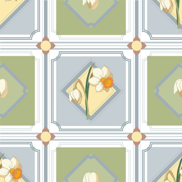 istock Checkered seamless pattern of gentle pastel shades with narcissus flowers. Elegant background for your design in soft colors with floral elements. 1138581615