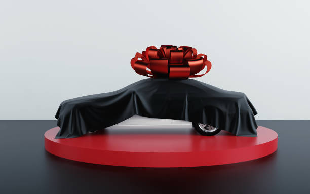 coche cubierto de tela negra con nudo de lazo de regalo. renderización 3d - bowknot fotografías e imágenes de stock