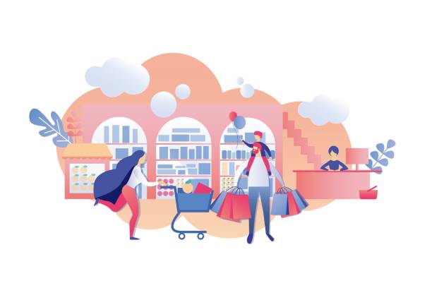 Parents with Child in Hurry Until end Sale Cashier Parents with Child in Hurry Until end Sale Cashier. Vector Illustration on White Background, Flat Cartoon. Woman Runs through Store and Rolls Cart. Man with Bags Holds Son on shoulders. cart illustrations stock illustrations