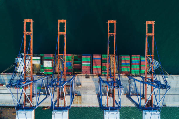 istock Aerial view sea port Container cargo loading ship in import export business logistic. Freight transportation. shipping business logistic. Trade Port and Shipping cargo to harbor. 1138582093