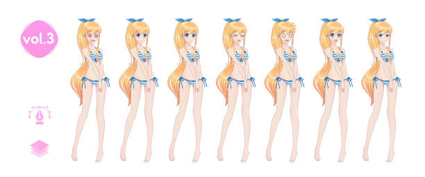 アニメマンガの女の子夏のビキニ水着で - イラストレーションの