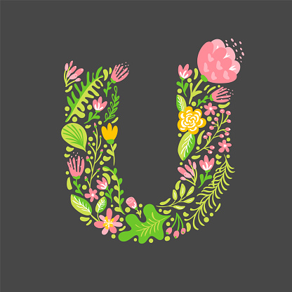 Floral summer Letter U. Flower Capital wedding Uppercase Alphabet. Colorful font with flowers and leaves. Vector illustration Grotesque scandinavian style.
