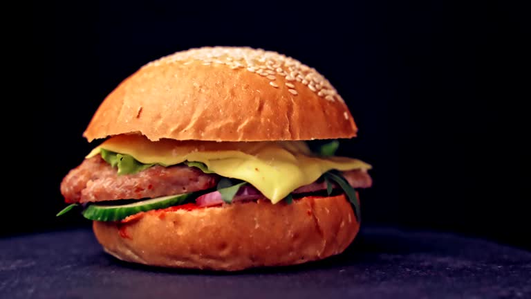 A hamburger with onions, tomatoes and parmesan salad and sauces.