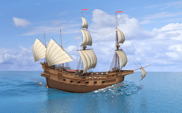 istock Sailing ship wooden old, in the sea. 1138587245