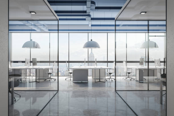 istock Concrete office interior with city view 1138587510