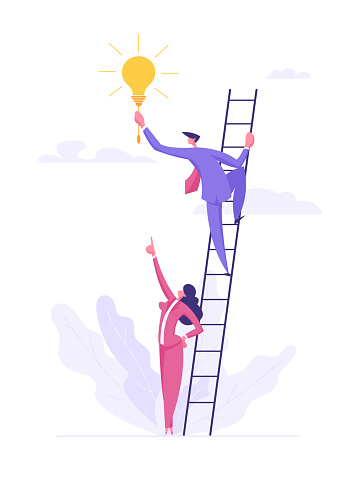 Business Innovation Teamwork Success Concept with People Characters on Stairs as Career Development. Banner with Creative Man and Woman working Together with Light Bulb. Flat Vector Illustration