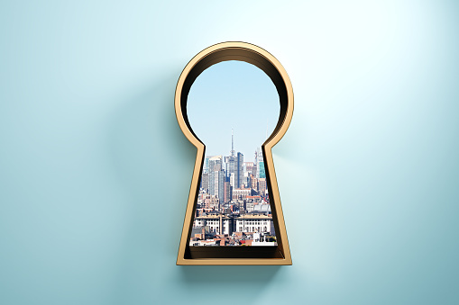 Blue wall with golden keyhole window and city view. Access and success concept. 3D Rendering