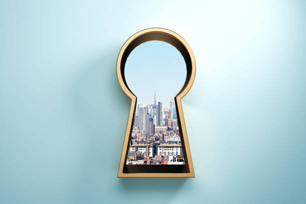 Blue wall with golden keyhole Blue wall with golden keyhole window and city view. Access and success concept. 3D Rendering peep hole stock pictures, royalty-free photos & images