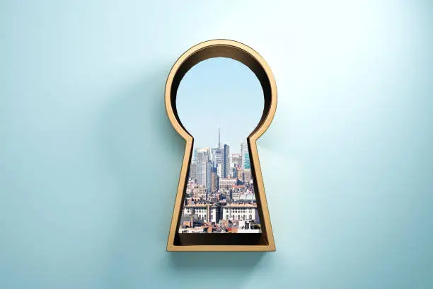 Blue wall with golden keyhole window and city view. Access and success concept. 3D Rendering