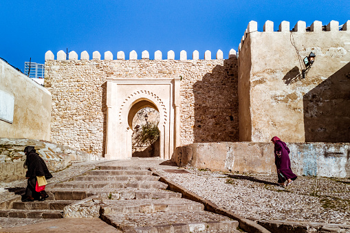 Tangier, Morocco, February 13, 2019: Doorway of entrance of the Kasbah in the Tangier's medina, north of Morocco