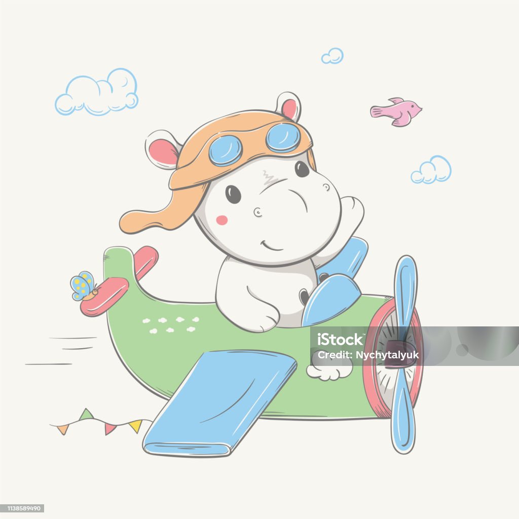 Lovely cute hippo in the pilot's hat and glasses flies by the green plane with butterfly, bird and garland. Summer series of children's card Lovely cute hippo in the pilot's hat and glasses flies by the green plane with butterfly, bird and garland. Summer series of children's card with cartoon style animal. Easy vector illustration Airplane stock vector