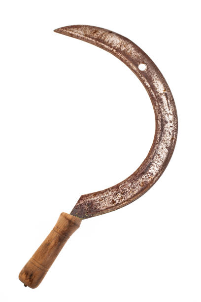 Old rusty sickle isolated on white background stock photo