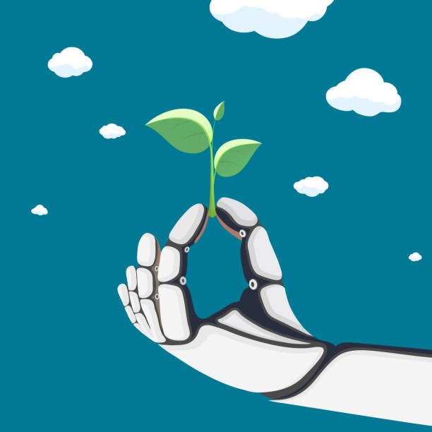 istock Robotic arm or an astronaut in a spacesuit keeps plant with leaves. 1138592284