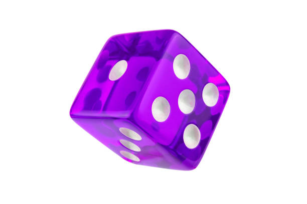 istock Purple glass dice closeup isolated on white without shadow. One, three, five. 1138592748