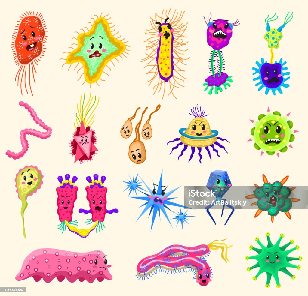 Set Of Bacteria Characters Cute Germ And Micro Microbe Funny Infection And  Virus Funny Bad Emotions Cartoon Color Monster Pathogen Or Parasite Stock  Illustration - Download Image Now - iStock