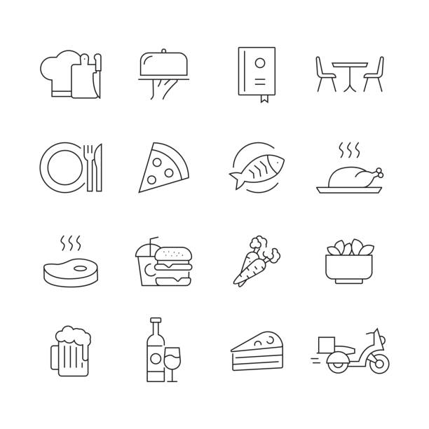 ilustrações, clipart, desenhos animados e ícones de restaurante e alimento-jogo da linha fina ícones do vetor - food food and drink steak sauces