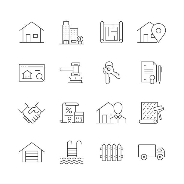 ilustraciones, imágenes clip art, dibujos animados e iconos de stock de relacionados con bienes raíces-conjunto de iconos vectoriales de línea delgada - new symbol interface icons contemporary