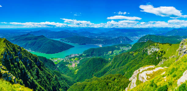 aerial view of lugano lake from monte generoso, switzerland - switzerland ticino canton lake lugano imagens e fotografias de stock