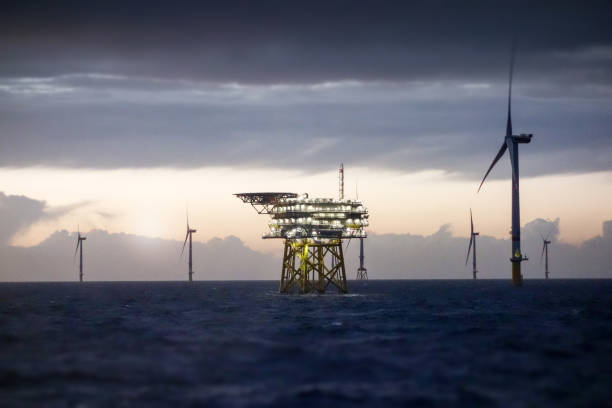 해양 플랫폼-석양에 있는 변전소와 풍력 발전 단지 - oil rig 뉴스 사진 이미지