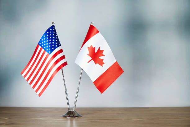 american and canadian flag standing on the table - canada american flag canadian culture usa imagens e fotografias de stock