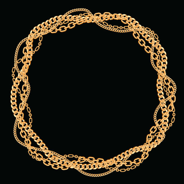 okrągła rama wykonana ze skręconych złotych łańcuszków. na czarno. ilustracja wektorowa - gold chain chain circle connection stock illustrations