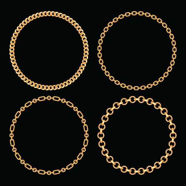 ilustrações de stock, clip art, desenhos animados e ícones de set collection of round frames made with golden chains. on black. vector illustration - gold chain chain circle connection