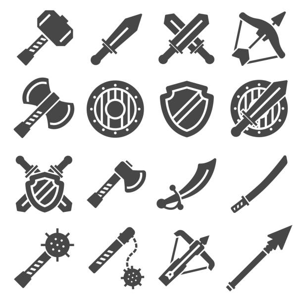 Medieval weapons and armors set. Medieval warrior equipment. Sword, sabre, dagger, axe, male Medieval weapons and armors set. Medieval warrior equipment. Sword, sabre, dagger, axe, male and more spear icon stock illustrations