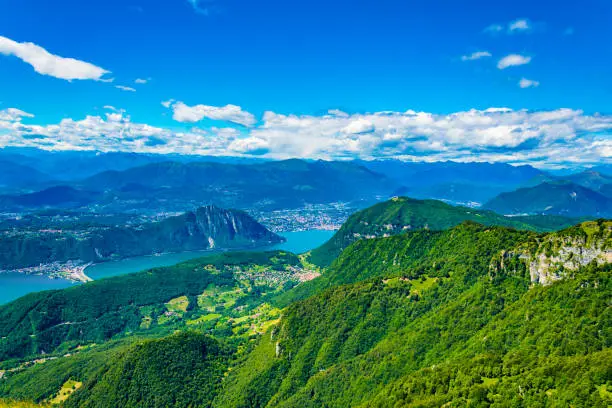 Aerial view of Lugano lake from Monte Generoso, Switzerland