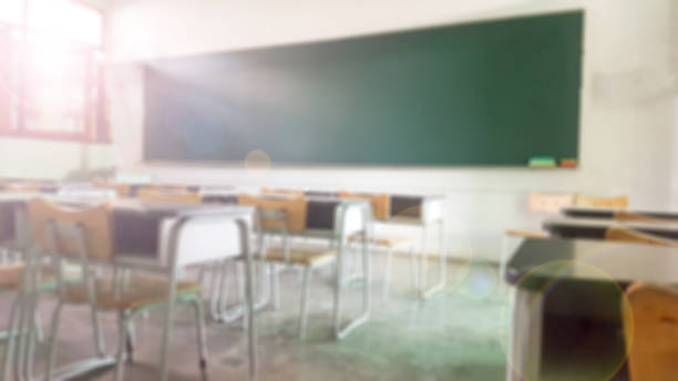 istock School classroom in blur background without young student; Blurry view of elementary class room no kid or teacher with chairs and tables in campus. 1138603813