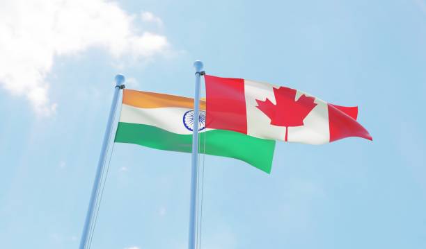 istock India and Canada, two flags waving against blue sky 1138603966