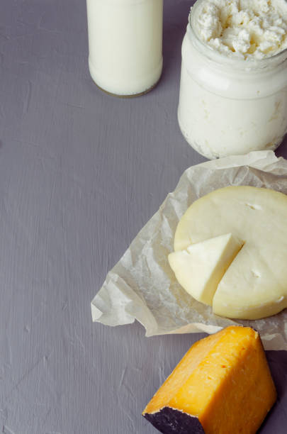 istock Milk products: provolone, gouda, ricotta, milk on grey table.Vertical shot 1138604081