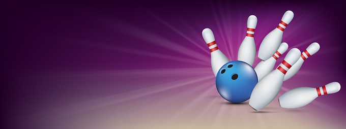 Purple bowling banner with blue ball and white pins. Eps 10 vector file.