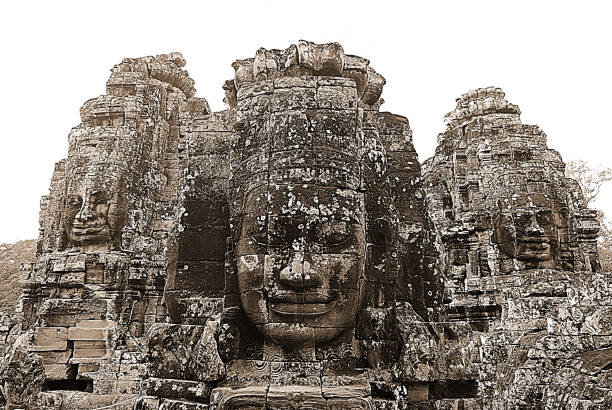 Shot in color detail on the facade of this historic building representing some character, animal or flower. Set at Siem Reap, Angkor Wat , Cambodia, Asia