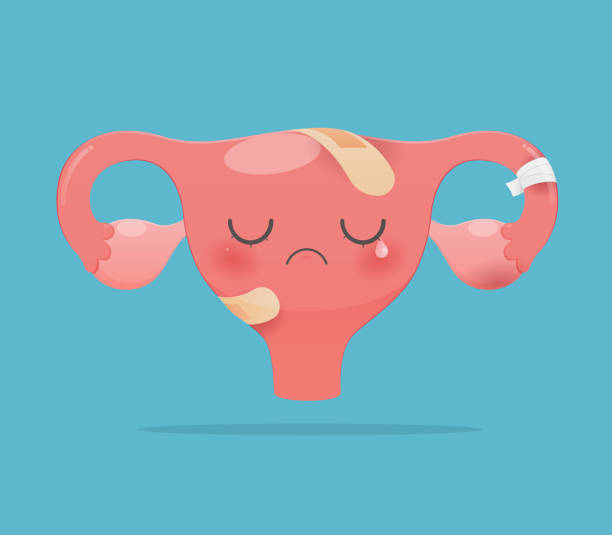 ilustrações de stock, clip art, desenhos animados e ícones de cartoon with uterus health concept on green background, sick uterus - ovary