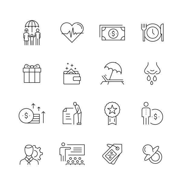 ilustraciones, imágenes clip art, dibujos animados e iconos de stock de beneficios para empleados-conjunto de iconos vectoriales de línea delgada - symbiotic relationship illustrations