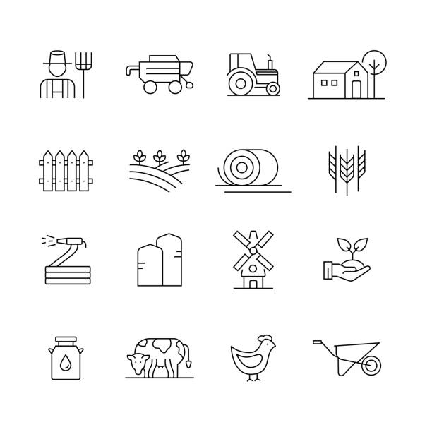 ilustraciones, imágenes clip art, dibujos animados e iconos de stock de granja y agricultura-conjunto de iconos vectoriales de línea delgada - farmer farm agriculture tractor