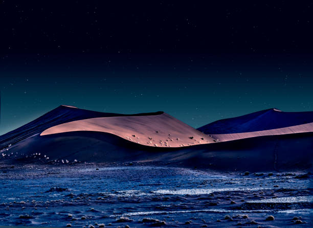 밤에는 오렌지 모래 언덕과 별이 빛나는 하늘이 있는 나 미 브의 사막 - desert landscape morocco sand dune 뉴스 사진 이미지