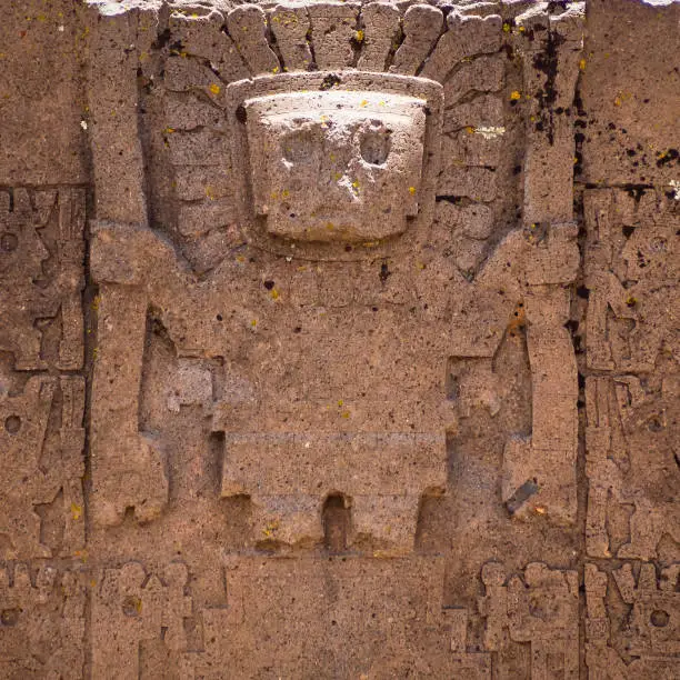 Photo of Gate of the Sun. Kalasasaya Temple. Tiwanaku Archaeological site in Bolivia. La Paz